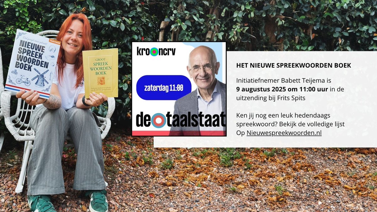 MetBabett's tweet image. Al 114 nieuwe spreekwoorden bedacht 🎉 en daar mag ik morgen over vertellen bij de Taalstaat. Nu al zin in het interview met Frits Spits. 

Dus luisteren morgen: 9 augustus 2025 om 11:00 uur! Tot op de radio📻
metbabett.nl/post/de-taalst… #Nieuwespreekwoorden