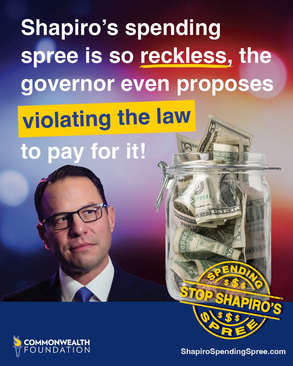 Commonwealth Foundation (@mycommonwealth) on Twitter photo Did you know <a href="/GovernorShapiro/">Governor Josh Shapiro</a> proposes transferring $1.6 billion from the Rainy Day Fund to fuel deficit spending—in defiance of current state law?
Stop Shapiro's spending spree! Taxpayers deserve a budget that doesn't spend more than the state takes in. Did you know <a href="/GovernorShapiro/">Governor Josh Shapiro</a> proposes transferring $1.6 billion from the Rainy Day Fund to fuel deficit spending—in defiance of current state law?
Stop Shapiro's spending spree! Taxpayers deserve a budget that doesn't spend more than the state takes in.