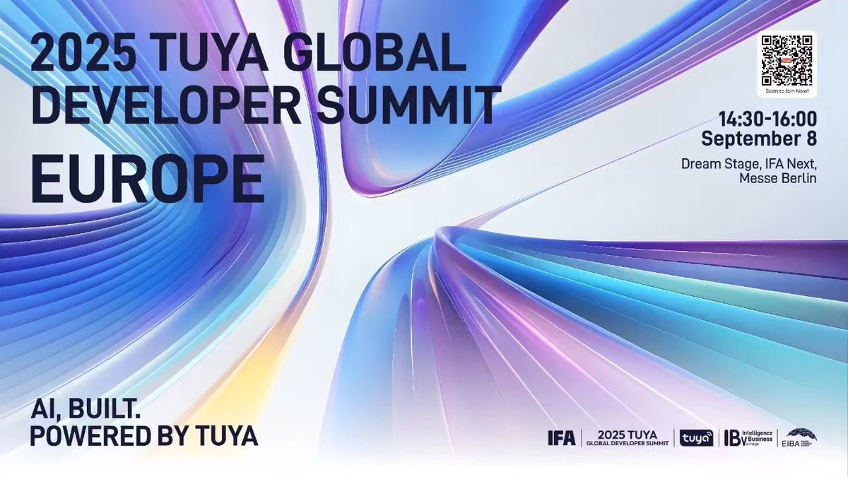 tuyasmart's tweet image. #Tuya is heading to #IFA2025, Sept 5–9 in #Berlin. Under “AI, Built. Powered by Tuya,” we will unveil the future of #PhysicalAI, showcase our latest #AI solutions &amp;amp; smart hardware, and host the TUYA Global Developer Summit.
📍 Booth: Hall 1.2 – 191 bit.ly/4m8cvaP