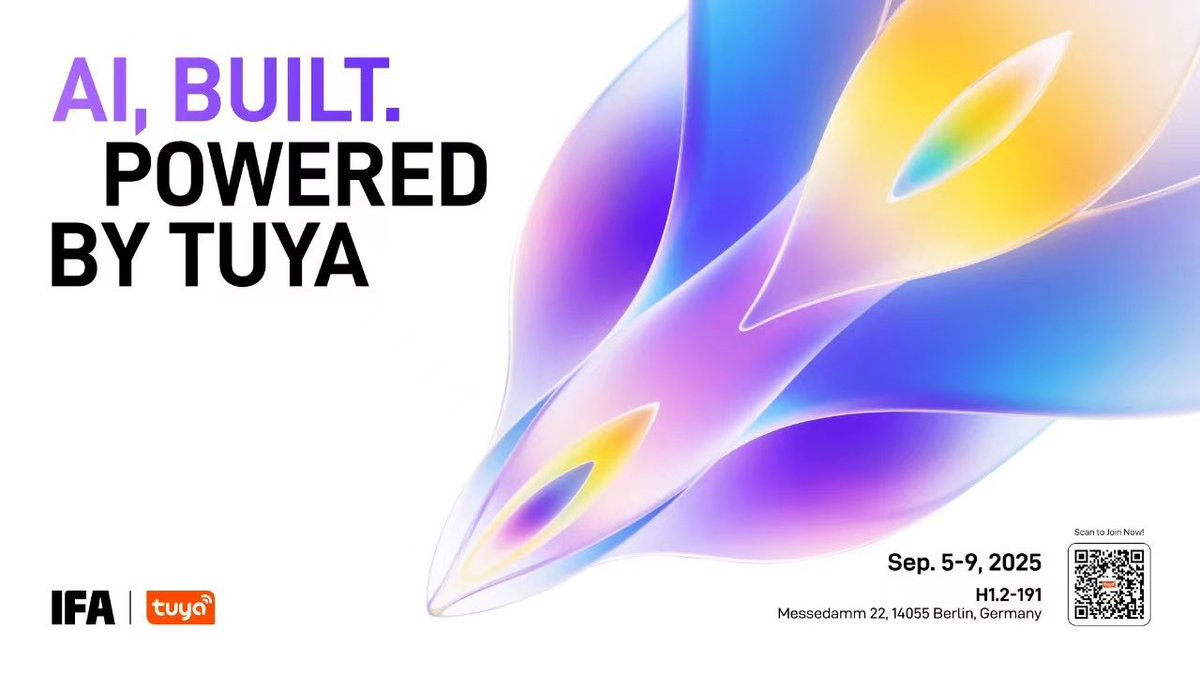 tuyasmart's tweet image. #Tuya is heading to #IFA2025, Sept 5–9 in #Berlin. Under “AI, Built. Powered by Tuya,” we will unveil the future of #PhysicalAI, showcase our latest #AI solutions &amp;amp; smart hardware, and host the TUYA Global Developer Summit.
📍 Booth: Hall 1.2 – 191 bit.ly/4m8cvaP