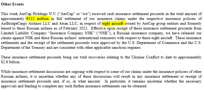 Another insurance recovery for $AER Aercap.
EUR 112 million (~$0.65 per share, net) from NSK.

$2.6 billion total recoveries (with potentially more to come).