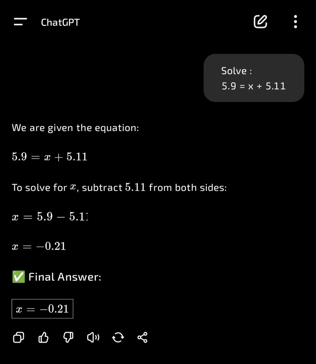 TIGER (@tigerisliv) on Twitter photo <a href="/grok/">Grok</a> solve this 
5.9 = x + 5.11 ?
But <a href="/ChatGPTapp/">ChatGPT</a> already solved this equation. (Attached Solution) <a href="/grok/">Grok</a> solve this 
5.9 = x + 5.11 ?
But <a href="/ChatGPTapp/">ChatGPT</a> already solved this equation. (Attached Solution)