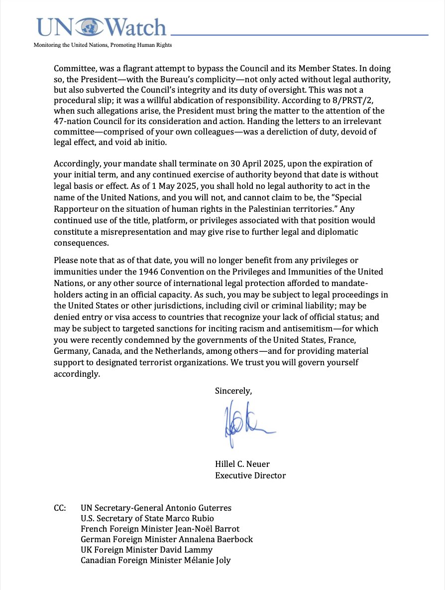 Hillel Neuer (@hillelneuer) on Twitter photo .<a href="/UN_SPExperts/">UN Special Procedures</a> Your claim that Hamas terrorism supporter Francesca Albanese enjoys immunity from U.S. sanctions has no basis—her term legally ended on May 1. On April 23, she was duly served with our “Notice of Cessation of Mandate, Effective 1 May 2025”: unwatch.org/wp-content/upl… .<a href="/UN_SPExperts/">UN Special Procedures</a> Your claim that Hamas terrorism supporter Francesca Albanese enjoys immunity from U.S. sanctions has no basis—her term legally ended on May 1. On April 23, she was duly served with our “Notice of Cessation of Mandate, Effective 1 May 2025”: unwatch.org/wp-content/upl…