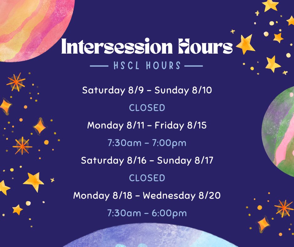UF HSC Libraries (@ufhscl) on Twitter photo During intersession, the HSCL will be closed the weekend of 8/9-8/10, closing at 7pm the week of 8/11-8/15, closed the weekend of 8/16-8/17, and closing at 6pm from 8/18-8/20. We hope everyone's break is out of this world! <a href="/uflib/">UF Libraries</a> During intersession, the HSCL will be closed the weekend of 8/9-8/10, closing at 7pm the week of 8/11-8/15, closed the weekend of 8/16-8/17, and closing at 6pm from 8/18-8/20. We hope everyone's break is out of this world! <a href="/uflib/">UF Libraries</a>