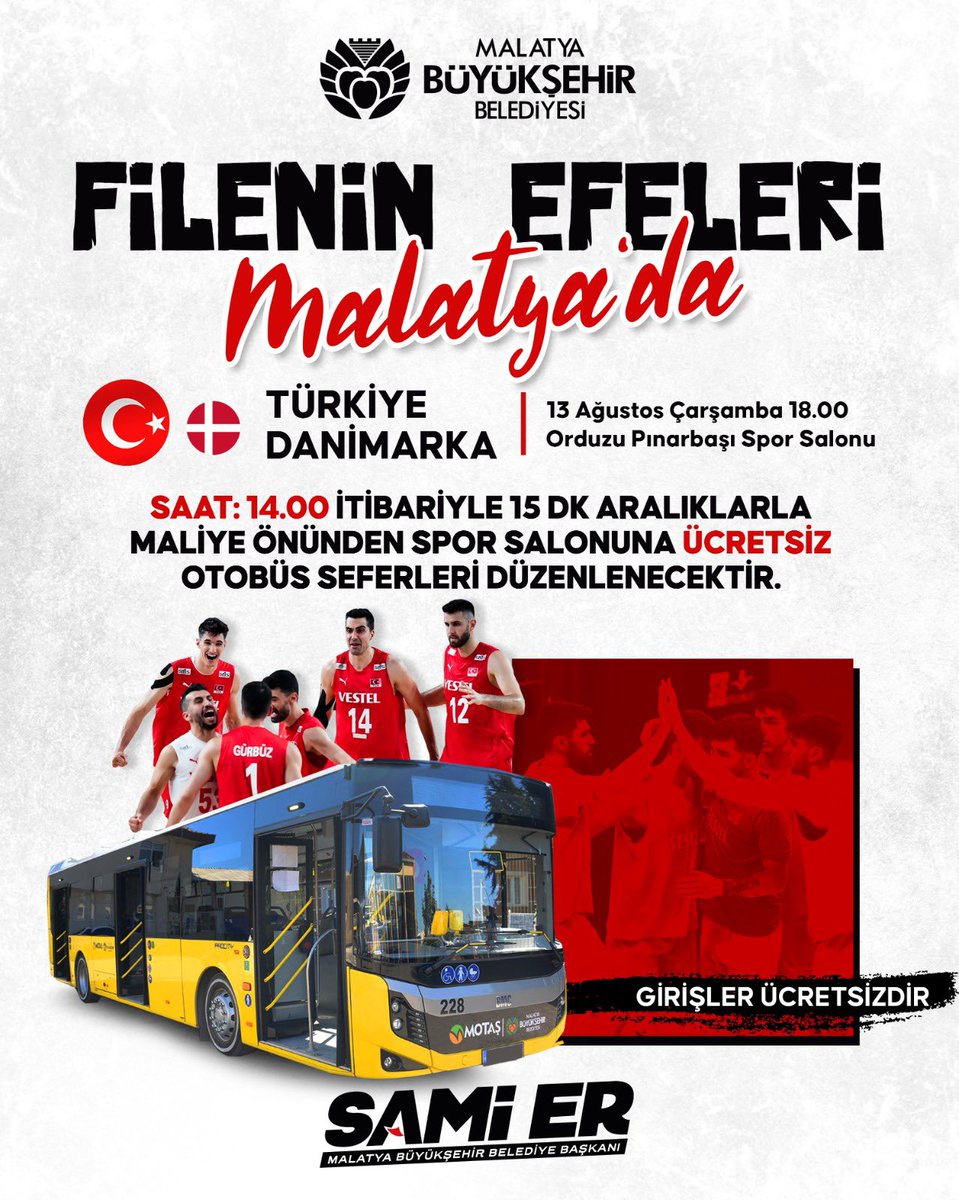🏐 Filenin Efeleri Malatya’da! 🇹🇷

📍 Türkiye - Danimarka voleybol heyecanı 13 Ağustos Çarşamba günü saat 18.00’de Orduzu Pınarbaşı Spor Salonu’nda!

🕒 14.00’ten itibaren her 15 dakikada bir Malatya Maliye önünden spor salonuna ücretsiz otobüs seferleri düzenlenecektir.

🚍