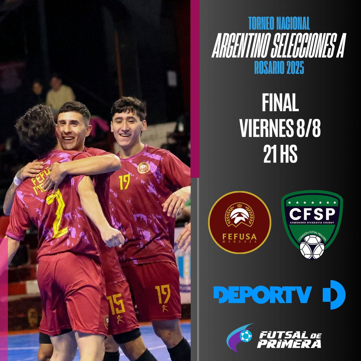 #ArgentinoDeSelecciones

⚡️ VIERNES DE FINAL EN ROSARIO

🟥 El clásico del futsal de selecciones tiene un nuevo episodio.

🟥 Mendoza enfrenta en la final a Comodoro Rivadavia, actual campeón.

🟥 El partido será televisado por la señal de DEPORTV.