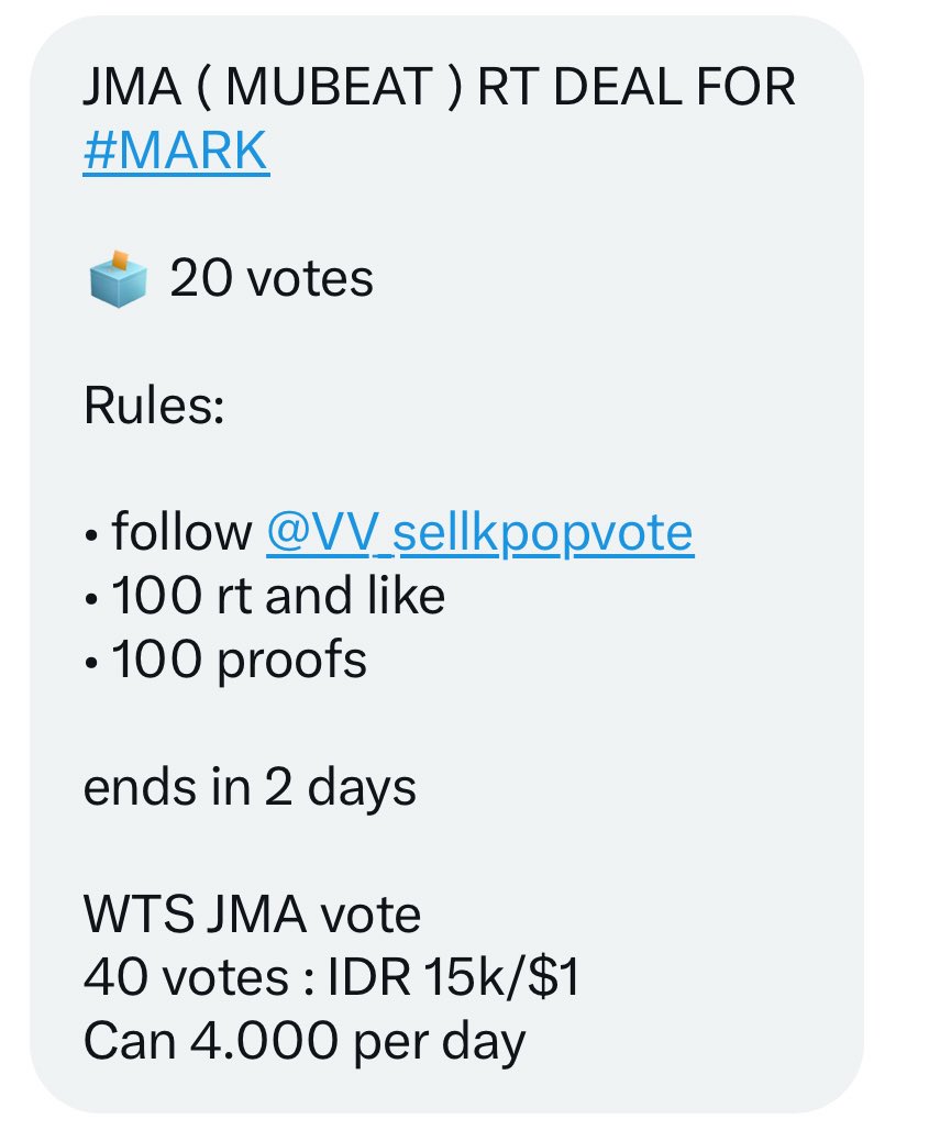 bess #1stπ« (@besmeachoo) on Twitter photo JMA ( MUBEAT ) RT DEAL FOR #MARK
π³ 20 votes
Rules:
β’ follow <a href="/VV_sellkpopvote/">PICNIC & PODOAL SELL</a>
β’ 100 rt and like
β’ 100 proofs
ends in 2 days
WTS JMA vote
40 votes : IDR 15k/$1
Can 4.000 per day JMA ( MUBEAT ) RT DEAL FOR #MARK
π³ 20 votes
Rules:
β’ follow <a href="/VV_sellkpopvote/">PICNIC & PODOAL SELL</a>
β’ 100 rt and like
β’ 100 proofs
ends in 2 days
WTS JMA vote
40 votes : IDR 15k/$1
Can 4.000 per day