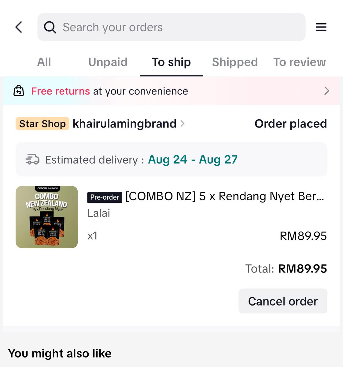 xeqax's tweet photo. Berjaya beli rendang @khairulaming combo 5 untuk menang pergi NZ tapi sadly tak menang, tak dapat jadi 5 orang terawal hahaha. 30 saat soldout. Ytjt aku selalu battle apa kat tiktok sampai tangan dah laju 🤣🤣 https://t.co/YO2tVVs4uO