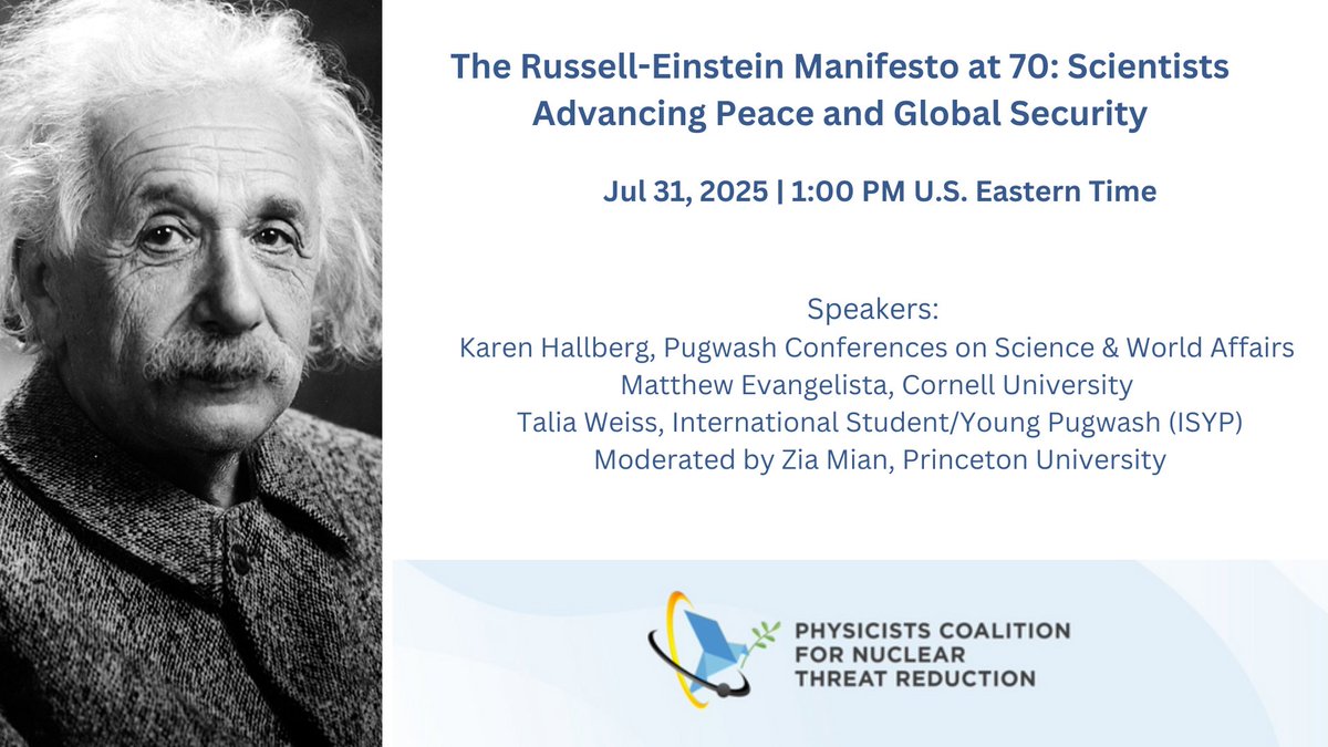 Physicists Coalition for Nuclear Threat Reduction (@physcoalition) on Twitter photo Watch a recording of the <a href="/PhysCoalition/">Physicists Coalition for Nuclear Threat Reduction</a> #webinar "The Russell-Einstein Manifesto at 70: Scientists Advancing #Peace and Global #Security" on our website.
Many thanks to <a href="/KAHallberg/">Karen Hallberg</a>, Matthew Evangelista, & Talia Weiss, for this informative session.
physicistscoalition.org/webinars-and-t… Watch a recording of the <a href="/PhysCoalition/">Physicists Coalition for Nuclear Threat Reduction</a> #webinar "The Russell-Einstein Manifesto at 70: Scientists Advancing #Peace and Global #Security" on our website.
Many thanks to <a href="/KAHallberg/">Karen Hallberg</a>, Matthew Evangelista, & Talia Weiss, for this informative session.
physicistscoalition.org/webinars-and-t…