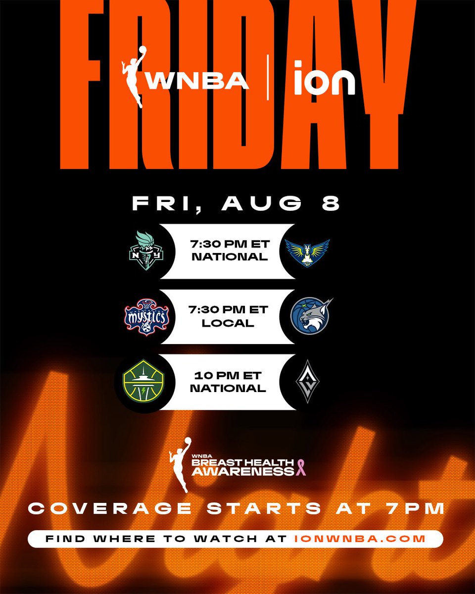 The Friday night spotlight is on the W 🔦

Get ready for three exciting matchups ALL on ION!

▪️ NYL vs. DAL — 7:30pm/ET (National)
▪️ WAS vs. MIN — 7:30pm/ET (Local)
▪️ SEA vs. LVA — 10pm/ET (National)

#WelcometotheW