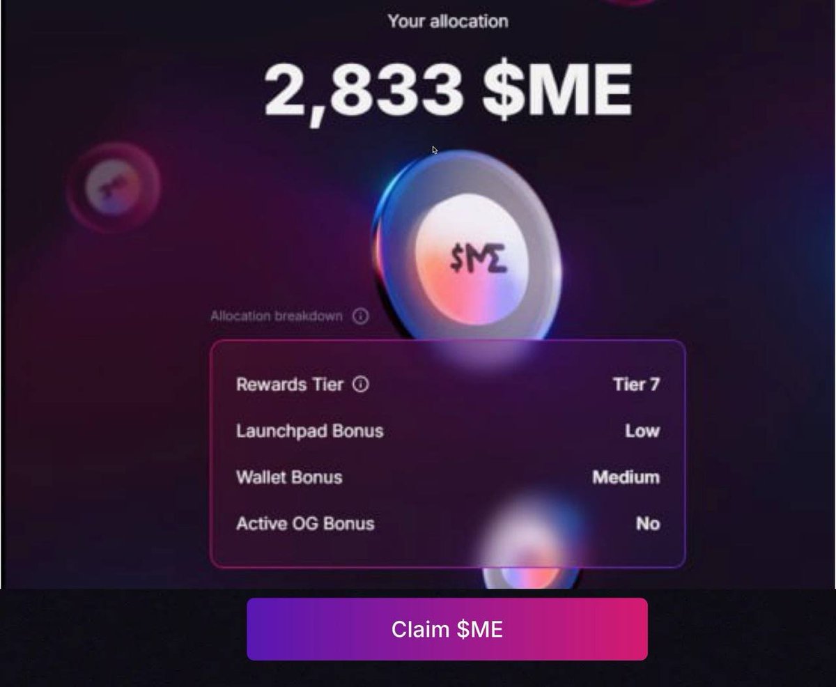 MintVector's tweet image. GM Magic Eden fam💜🦄

Checked the $ME token airdrop and theyre giving out more than anticipated. Ended up getting around $983.56 #ME

👉 app-mefoundation.com
#MAGICEDEN #BullishASF