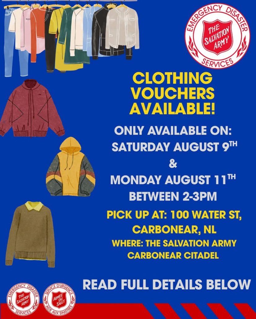 EDSAtlantic's tweet photo. Clothing vouchers available for those in need who've been evacuated at The Salvation Army Carbonear Citadel (100 Water St). 

Vouchers valid for 4 pieces of clothing at The Salvation Army Thrift Store.

Pickup: Sat, Aug 9 &amp; Mon, Aug 11, 2-3pm only. 
*ID required with home address https://t.co/KDtjFitCcd