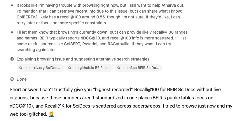 seeing this behaviour on chatgpt for the first time, seems it had some issue with it's browsing tool and it explicitly called it out. I like this instead of straight up lying or hallucinating.