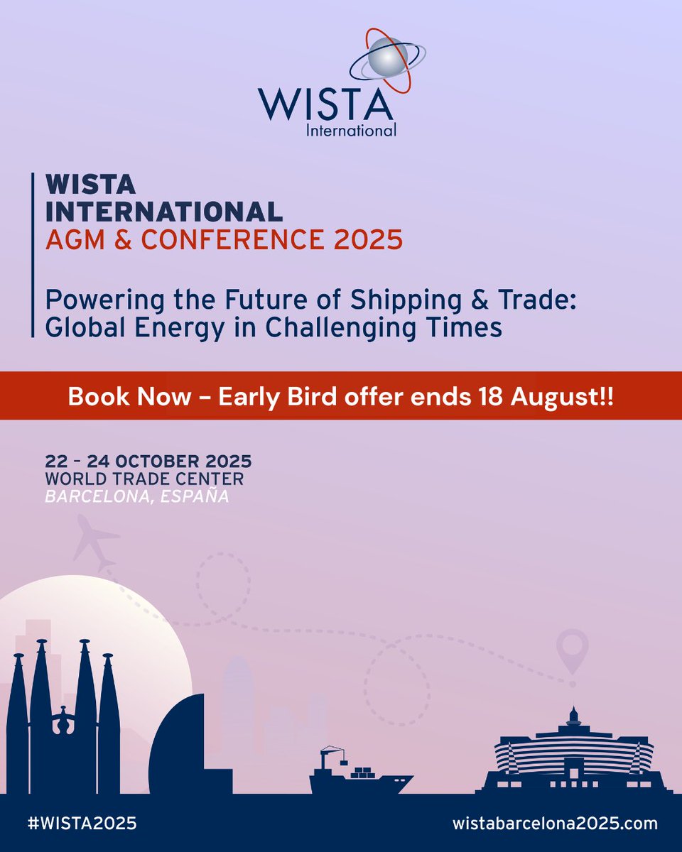 1 week left to register for #WISTA2025 with the Early Bird offer!

Book now and join us as we explore the future of shipping &amp; trade during challenging times in Barcelona this October.

For more information and to register, visit: wistabarcelona2025.com 

#wista #shipping #trade