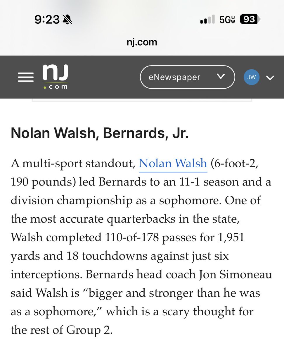 Nolan Walsh (@nolanwalsh25) on Twitter photo Thank you <a href="/HSSportsNJ/">NJ.com HS Sports</a> and <a href="/ogbensherman/">Ben Sherman</a> for including me in your article highlighting the best Group 2 QBS in NJ. I am grateful. <a href="/BHSFootballTeam/">Bernards HS Football</a> <a href="/dcarmon21/">David Carmon</a> <a href="/CoachKulcsar/">Chris Kulcsar</a> <a href="/EQBcoach/">EliteQB</a> <a href="/QBHitList/">QBHitList.com</a> <a href="/QBC_NJ/">Allan Walters</a> <a href="/CoachJoeRozell/">Joe Rozell</a> Thank you <a href="/HSSportsNJ/">NJ.com HS Sports</a> and <a href="/ogbensherman/">Ben Sherman</a> for including me in your article highlighting the best Group 2 QBS in NJ. I am grateful. <a href="/BHSFootballTeam/">Bernards HS Football</a> <a href="/dcarmon21/">David Carmon</a> <a href="/CoachKulcsar/">Chris Kulcsar</a> <a href="/EQBcoach/">EliteQB</a> <a href="/QBHitList/">QBHitList.com</a> <a href="/QBC_NJ/">Allan Walters</a> <a href="/CoachJoeRozell/">Joe Rozell</a>