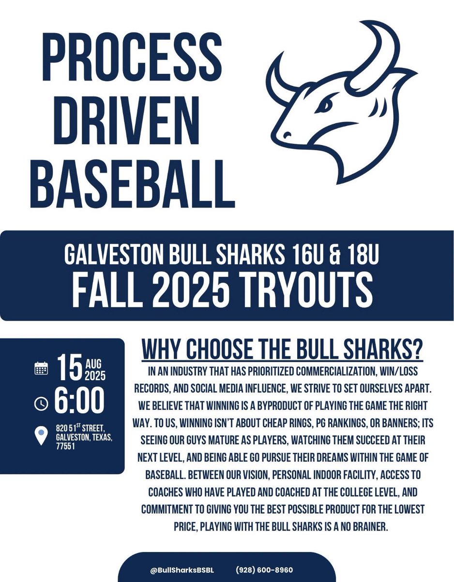 BullSharksBSBL's tweet image. 🗓️ FRIDAY, JULY 15TH
⏰ 6:00PM
📍 GALVESTON ATHLETICS- INDOOR SPORTS FACILITY 

ONE MORE WEEK
Dm us for more info🦈⚾️