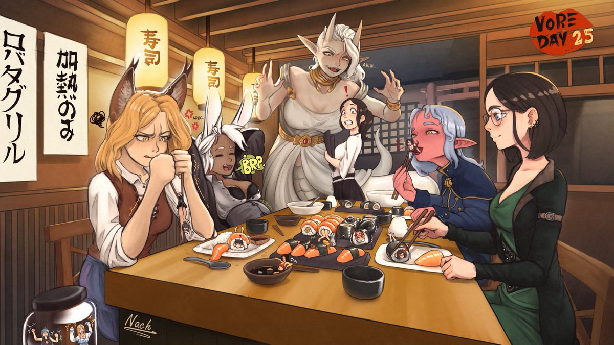 Vore day piece 2025!

Today we're celebrating the V-day with a huge sushi party starring the OCs:
Cara
Shell
Luna
Yami
Synrhai
Elane
Kat
Cali
Adyare

Happy V day everyone, and may the gulp be with you :3

#voreday
