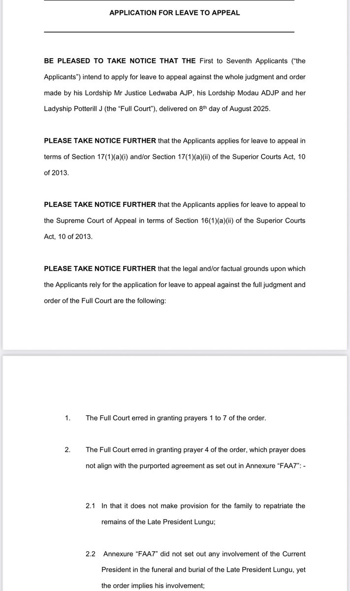 JUST IN: Just hours after the Gauteng High Court in PTA ruled that former Zambian Pres. Edgar Lungu should be repatriated to his homeland for burial, the Lungu family have filed papers for leave to appeal to the SCA (meaning the repatriation process can’t begin yet) #SABCNews