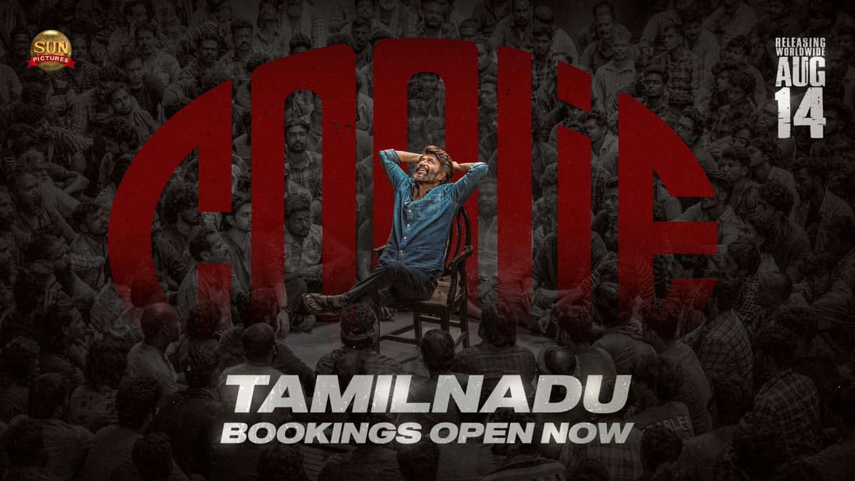 Sun Pictures (@sunpictures) on Twitter photo Sound-ah yethu!📣 Tamilnadu Bookings for #Coolie Open Now!🍿💥
Book your tickets now: bookmy.show/Coolie
#Coolie releasing worldwide August 14th
<a href="/rajinikanth/">Rajinikanth</a> <a href="/Dir_Lokesh/">Lokesh Kanagaraj</a> <a href="/anirudhofficial/">Anirudh Ravichander</a> #AamirKhan <a href="/iamnagarjuna/">Nagarjuna Akkineni</a> <a href="/nimmaupendra/">Upendra</a> #SathyaRaj #SoubinShahir <a href="/shrutihaasan/">shruti haasan</a> Sound-ah yethu!📣 Tamilnadu Bookings for #Coolie Open Now!🍿💥
Book your tickets now: bookmy.show/Coolie
#Coolie releasing worldwide August 14th
<a href="/rajinikanth/">Rajinikanth</a> <a href="/Dir_Lokesh/">Lokesh Kanagaraj</a> <a href="/anirudhofficial/">Anirudh Ravichander</a> #AamirKhan <a href="/iamnagarjuna/">Nagarjuna Akkineni</a> <a href="/nimmaupendra/">Upendra</a> #SathyaRaj #SoubinShahir <a href="/shrutihaasan/">shruti haasan</a>