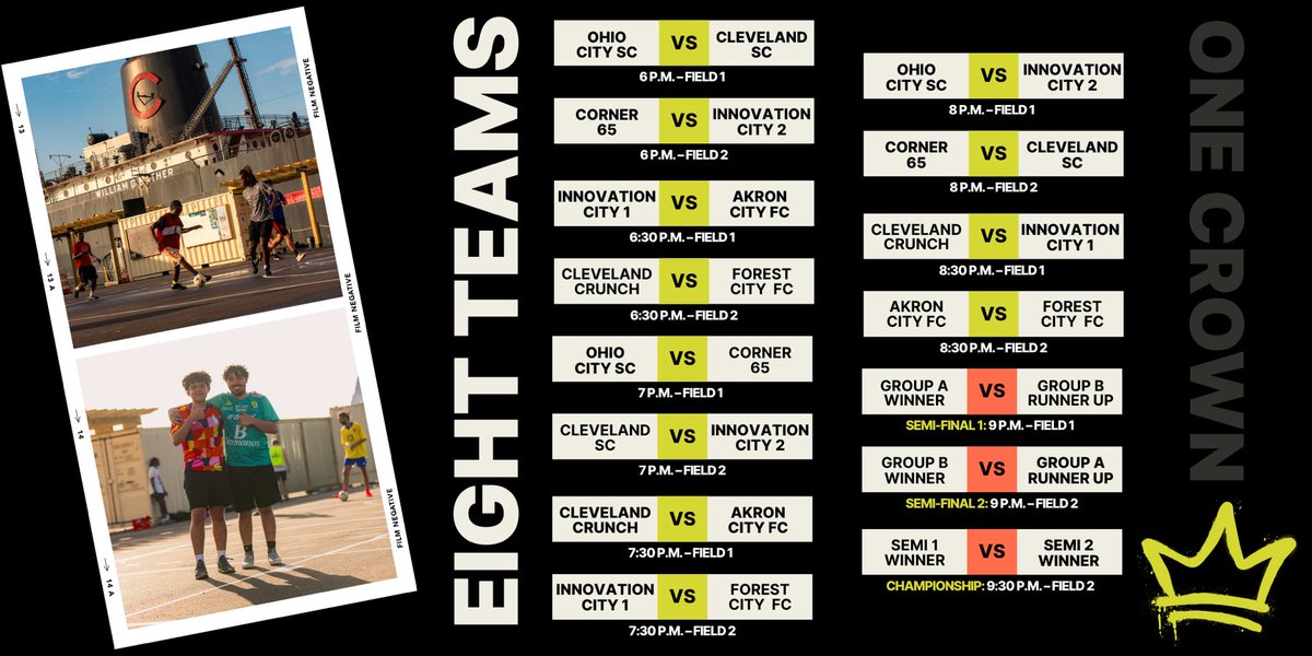 MONDAY NIGHT PLANS — Eight teams compete at North Coast Yard on Monday, Aug. 11, 6–10 p.m. for the street soccer crown 👑 FREE TO ATTEND! 

Teams: <a href="/AkronCityFC/">Akron City FC</a>, <a href="/clecrunch/">Cleveland Crunch</a>, <a href="/SoccerCLE/">Cleveland SC</a>, Corner 65, Forest City FC, Innovation City FC 1 &amp; 2, <a href="/OhioCitySoccer/">Ohio City SC</a>.

Food, music, giveaways &amp;