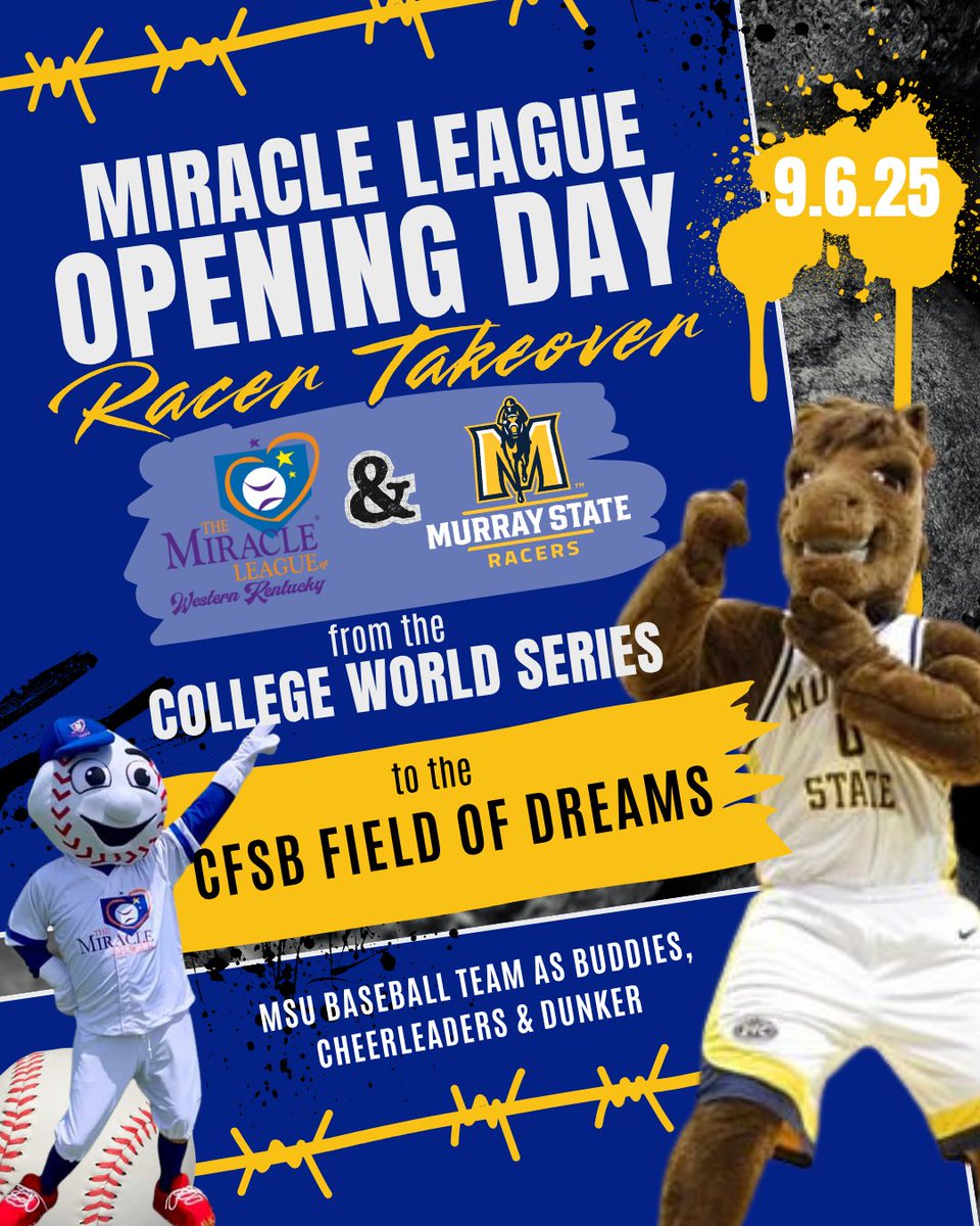 The Murray State Racer Baseball Team, fresh from their incredible run to the College World Series, will be taking the field as buddies for Miracle League athletes! 
Saturday, September 6
Opening Ceremony at 9:00 AM
CFSB Field of Dreams | Benton, KY