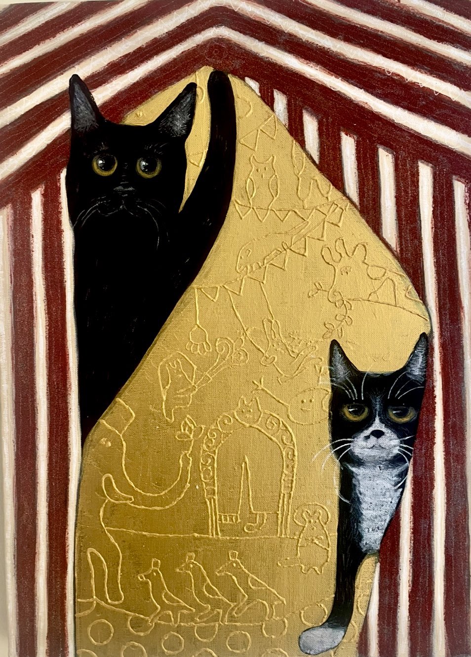 絵画 。手描き【のんびりと時間を過ごし、猫たちはロマンチックなデートをする】 絵画 。手描き【のんびりと時間を過ごし、猫たちはロマンチック