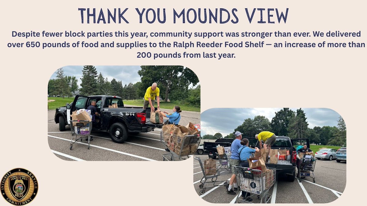 Mounds View Police Department (@moundsview_pd) on Twitter photo Thank you to everyone who made #NightToUnite2025 unforgettable! We loved visiting block parties, connecting with neighbors, & collecting 650+ lbs of food for <a href="/FoodReeder/">Ralph Reeder Food Shelf</a>!
Big thanks to <a href="/SBMFireDept/">SBM Fire Department</a>, <a href="/CityMoundsView/">Mounds View, MN</a>, & <a href="/tommys_express/">Tommy's Express Car Wash</a> for the support!
#MVPD #MoundsViewMN Thank you to everyone who made #NightToUnite2025 unforgettable! We loved visiting block parties, connecting with neighbors, & collecting 650+ lbs of food for <a href="/FoodReeder/">Ralph Reeder Food Shelf</a>!
Big thanks to <a href="/SBMFireDept/">SBM Fire Department</a>, <a href="/CityMoundsView/">Mounds View, MN</a>, & <a href="/tommys_express/">Tommy's Express Car Wash</a> for the support!
#MVPD #MoundsViewMN