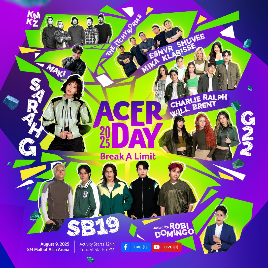 Manila Concert Scene (@manilaconcerts) on Twitter photo It's #AcerDay2025 happening tomorrow at <a href="/MOAArena/">SM Mall of Asia Arena</a> with performances by <a href="/SB19Official/">SB19 Official</a>, <a href="/G22Official/">G22 Official</a>, <a href="/JustSarahG/">Sarah Geronimo</a>, PBB All Stars, and a lot more! Show begins 6pm 🎉
The #AcerDay2025 Concert will be streaming LIVE on the <a href="/AcerPhils/">Acer Philippines</a> Facebook Page! It's #AcerDay2025 happening tomorrow at <a href="/MOAArena/">SM Mall of Asia Arena</a> with performances by <a href="/SB19Official/">SB19 Official</a>, <a href="/G22Official/">G22 Official</a>, <a href="/JustSarahG/">Sarah Geronimo</a>, PBB All Stars, and a lot more! Show begins 6pm 🎉
The #AcerDay2025 Concert will be streaming LIVE on the <a href="/AcerPhils/">Acer Philippines</a> Facebook Page!