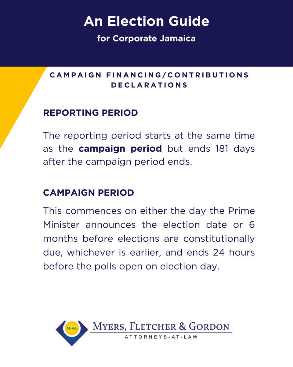 Donating to a political party in Jamaica? 
✔️ Know what counts as a contribution
✔️ Understand declaration rules
✔️ Watch aggregate limits
✔️ Gov’t contract? More disclosures apply
Non-compliance = fines.
#CampaignFinanceJA #ElectionLawJA #MFGJA