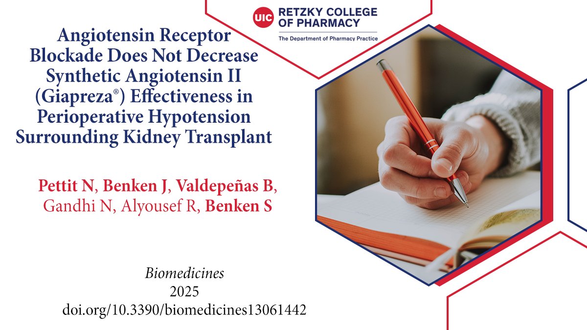 🚨 Drs. J Benken, Valdepeñas &amp; S Benken, w/ colleagues, published a study in Biomedicines that examines ARB use and synthetic angiotensin II (Giapreza®) effectiveness during kidney transplant.
Read: doi.org/10.3390/biomed…

#UICPharmacy #PharmacyResearch #Giapreza