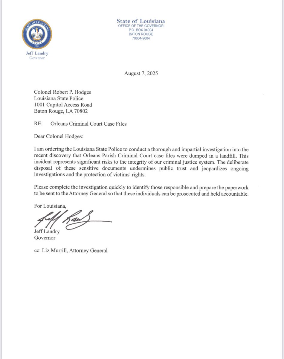 Governor Jeff Landry (@lagovjefflandry) on Twitter photo Today I sent a letter to <a href="/LAStatePolice/">LA State Police</a> ordering an investigation into the Orleans Parish Criminal Court case files which were dumped in a landfill.
This is a disgusting abuse of power and a slap in the face to crime victims. Those who participated in this deliberate crime must Today I sent a letter to <a href="/LAStatePolice/">LA State Police</a> ordering an investigation into the Orleans Parish Criminal Court case files which were dumped in a landfill.
This is a disgusting abuse of power and a slap in the face to crime victims. Those who participated in this deliberate crime must