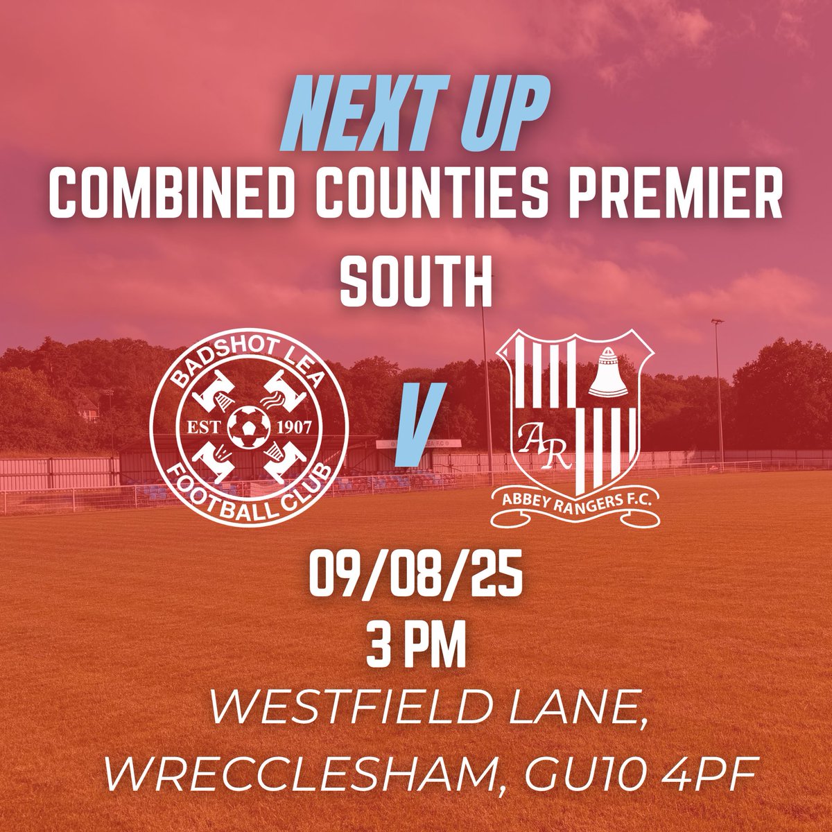 Badshot Lea FC (@blfc1907) on Twitter photo ⏳ NEXT UP⏳
Another home league fixture tomorrow, as <a href="/fc_abbeyrangers/">Abbey Rangers FC</a> are in town…
🆚 Abbey Rangers
📅 Sat 9 August
⏰ 3 PM
🏆 CCL Prem South
📍 Westfield Lane, GU10 4PF
🎟️ Adults £8 | Concessions £5
#Baggies <a href="/ComCoFL/">Combined Counties Football League</a> ⏳ NEXT UP⏳
Another home league fixture tomorrow, as <a href="/fc_abbeyrangers/">Abbey Rangers FC</a> are in town…
🆚 Abbey Rangers
📅 Sat 9 August
⏰ 3 PM
🏆 CCL Prem South
📍 Westfield Lane, GU10 4PF
🎟️ Adults £8 | Concessions £5
#Baggies <a href="/ComCoFL/">Combined Counties Football League</a>