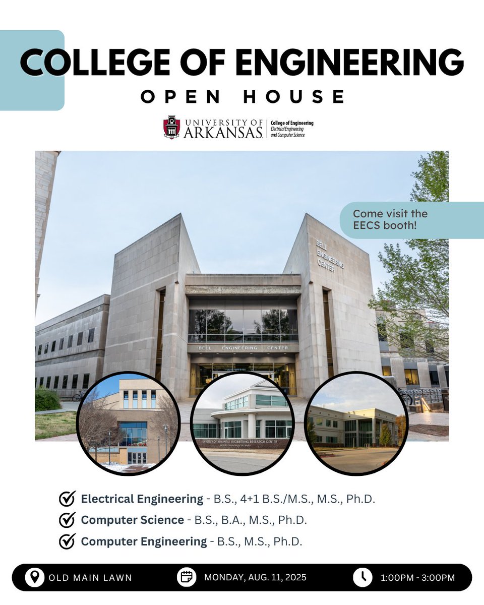 UArkEECS's tweet image. 🎉 Hey, Engineering Freshmen! 🎉
Start your year off strong at the College of Engineering Open House !

📍 Old Main Lawn (near ENGR)
📅 Monday, August 11
🕐 1:00–3:00 PM

 #AWeek #UARKEngineering #FreshmanWelcome #OneStopEngage