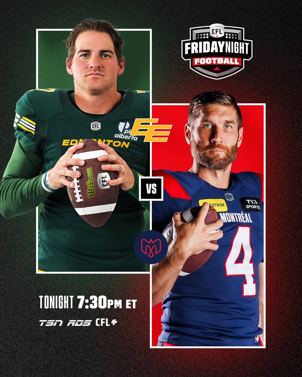 We've got some familiar faces in familiar places for Friday Night Football. 

📅: <a href="/GoElks/">Edmonton Elks</a> vs. <a href="/MTLAlouettes/">Alouettes de Montréal</a> 
🇨🇦: TSN &amp; RDS
🌎: CFL+