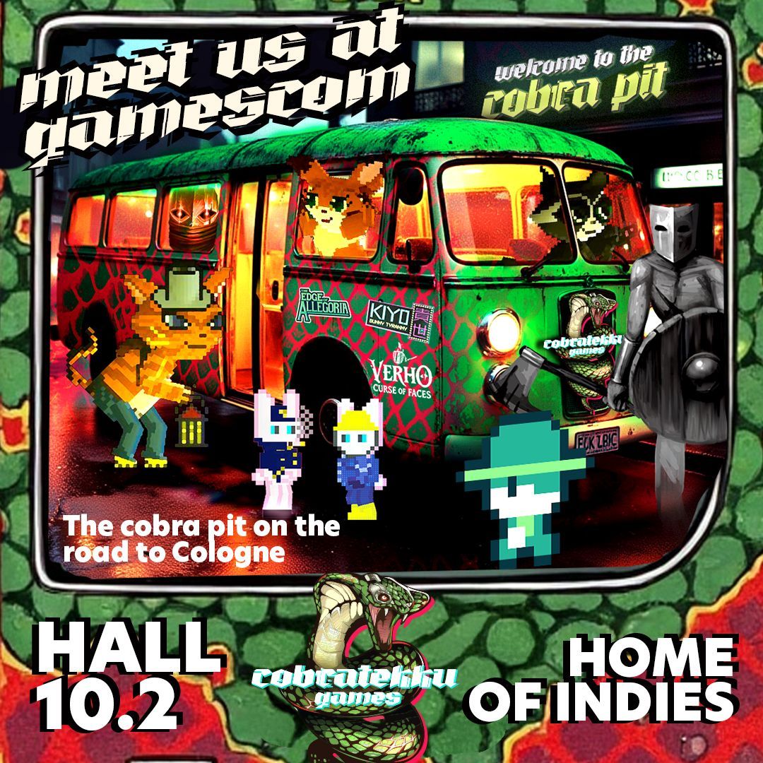 🎮🐍 The Cobra crew is heading to gamescom!
Catch us once again at our home base – HOME of INDIES Hall 10.2, Booth E-010g-D-011g.

We're bringing the heat with our latest indie gems:

🕯️ Verho – Curse of Faces – a dark and twisted dungeon-crawler RPG from Kasur Games

🐰 KIYO –