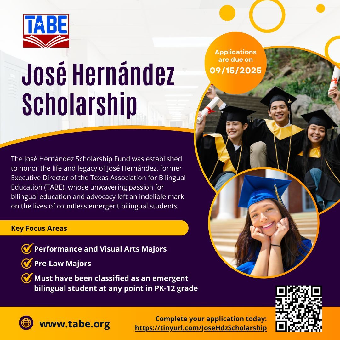 🎓 Were you identified as an Emergent Bilingual at any time during PK-12? If you’re now studying Performing &amp; Visual Arts or Pre-Law, apply for the José Hernández Scholarship today! 
🗓 Deadline: Sept. 15 
🔗 More info: tinyurl.com/JoseHdzScholar… 
#ScholarshipOpportunity #TABE2025