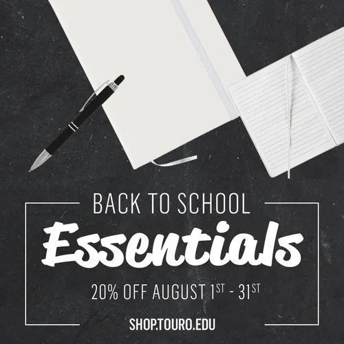 The School of Health Sciences of Touro University (@tourohealthsci) on Twitter photo Don't miss our Back to School sale on shop.touro.edu! Get essentials like pens, notepads, and more for 25% off throughout the month of August! Don't miss our Back to School sale on shop.touro.edu! Get essentials like pens, notepads, and more for 25% off throughout the month of August!