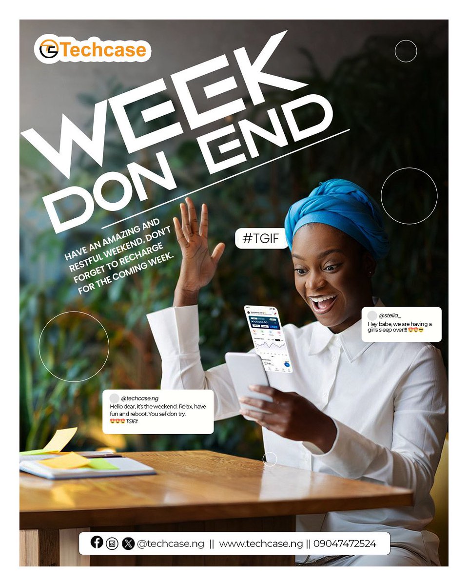 Techcase_ng's tweet image. It’s another Weekend to vibe!!!
Time to relax, recharge, and vibe into the weekend mood.
#TGIF #WeekendVibes #TechcaseNG #RelaxAndRecharge #FridayMood #NaijaWeekend fyp #trendingpost #trendingvideo #foryoupagereels #tiktokviral
