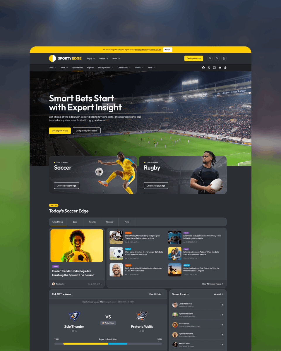 danfisher_dev's tweet photo. Just wrapped the homepage for Sporty Edge - a smart betting platform where experts help users bet better.

It’s a bespoke design focused on Rugby 🏉 and Soccer ⚽️ - clean, confident, and built for trust.
Not for sale.

#UXDesign #SmartBetting #WebDesign #SportTech #Rugby #Soccer https://t.co/Mt2cVoFNTa