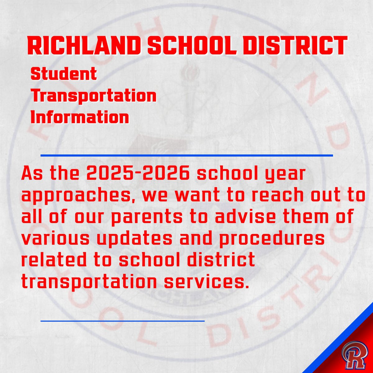 richlandsd.com/apps/news/arti…

As the 2025-2026 school year approaches, we would like to reach out to all parents to inform them of various updates and procedures related to our school district's transportation services.