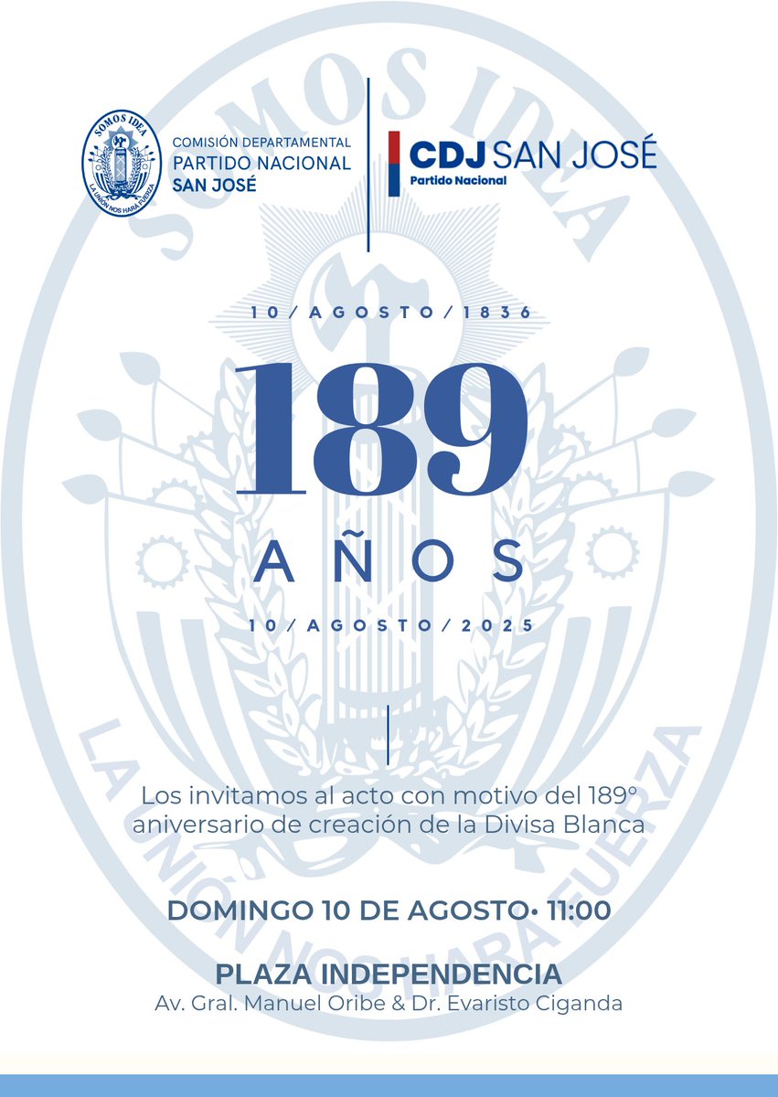 ¡Te invitamos a celebrar con nosotros!

El Partido Nacional te invita al acto conmemorativo del 189º aniversario de creación de la Divisa Blanca.

Nos reuniremos los blancos para recordar este hito histórico que nos enorgullece.

( 🧵 1/2 )