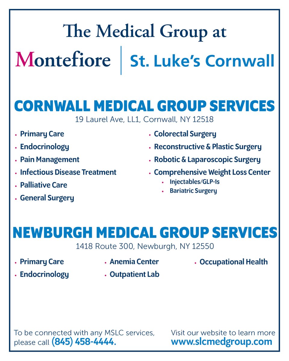 The Medical Group at MSLC provides Primary and Specialty Care with same day appointments and walk-ins available. Our offices are conveniently located in both Cornwall and Newburgh, New York. 
Learn more at our website: slcmedgroup.org