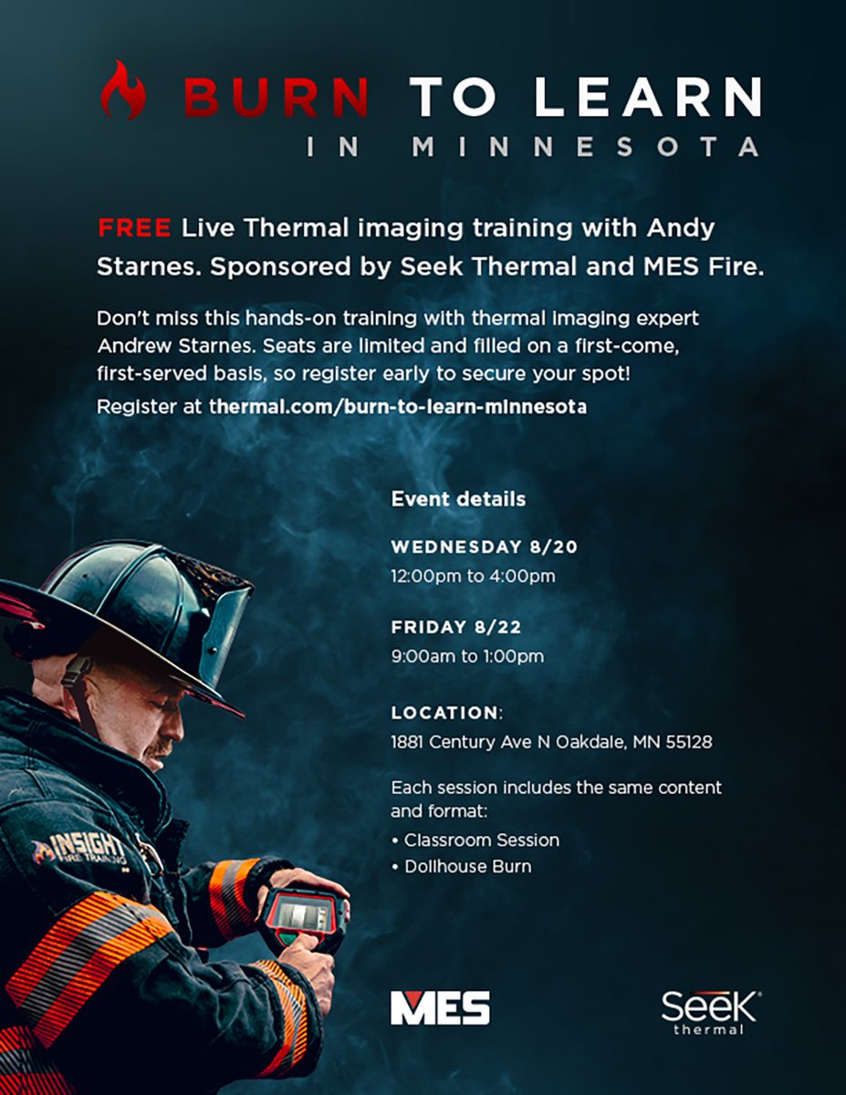 ❗Attention all Minnesota firefighters❗ Do you want a chance to attend FREE Live Burn training with Seek Thermal and Insight Fire Training? Click the link below to register and secure your spot for  open sessions on 8/20 and 8/22. 

Register here: thermal.com/burn-to-learn-…