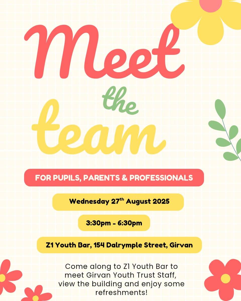 DIARY DATE 📅 
Once the Summer Holidays are over, we are hosting a Meet the Team  @ Z1 Youth Bar on Wednesday 27th August from 3.30pm - 6.30pm for Parents, Professionals and Pupils 🤩

Feel free to tag, share and circulate round your networks! #TeamGYT