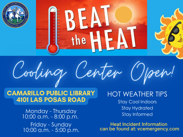 It’s heating up in Camarillo! 🌞 

Stay cool at the City’s Cooling Center — located at the Camarillo Public Library. Open during regular library hours. For heat incident information, visit vcemergency.com.