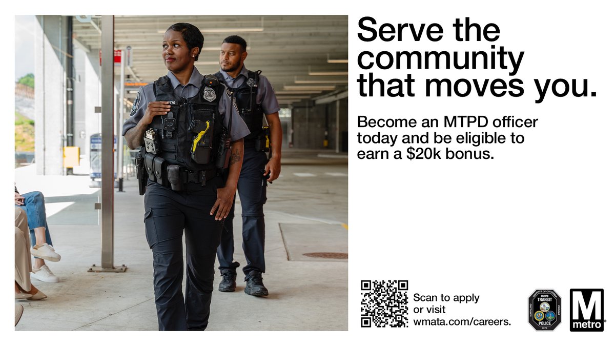 Metro Forward (@wmata) on Twitter photo Make a difference in the region, every day in your career. Join <a href="/MetroTransitPD/">Metro Transit Police</a>. Key benefits:
✔ Professional growth
✔ Career advancement opportunities
✔ Incentive program
Start at $71,249 with a $20K signing bonus! Apply today: wmata.com/Careers Make a difference in the region, every day in your career. Join <a href="/MetroTransitPD/">Metro Transit Police</a>. Key benefits:
✔ Professional growth
✔ Career advancement opportunities
✔ Incentive program
Start at $71,249 with a $20K signing bonus! Apply today: wmata.com/Careers