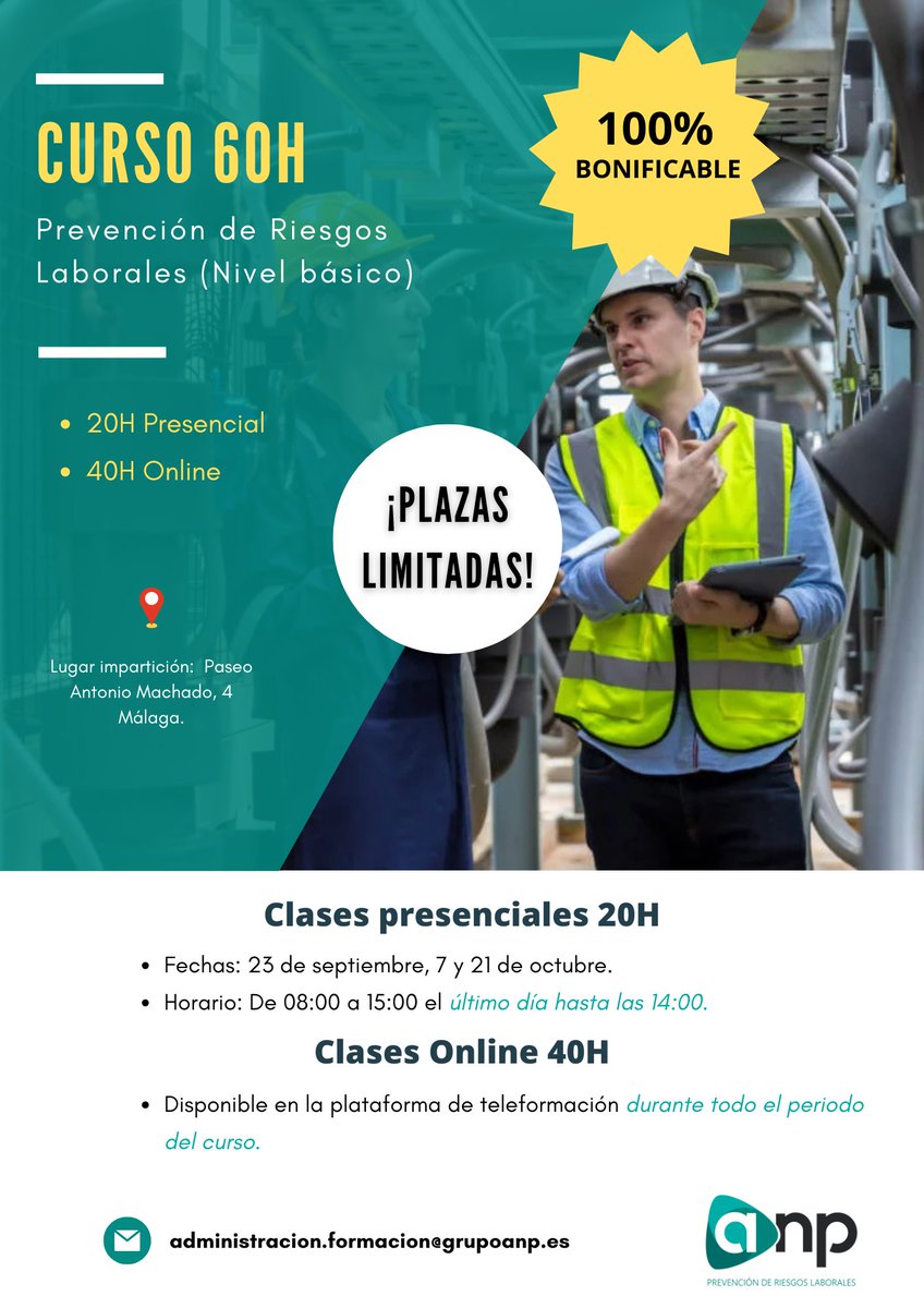 📢 Curso de Prevención de Riesgos Laborales – Nivel Básico (60h)
🗓 Del 23/09 al 21/10 | Modalidad mixta
📍Presencial en ANP Málaga: 23/09, 07/10 y 21/10
🕗 08:00-15:00 (último día hasta las 14:00)
💻 Parte online disponible todo el periodo. ¡Infórmate!