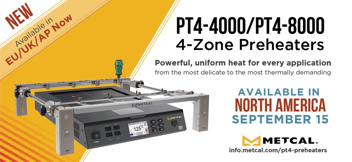 MetcalSoldering's tweet image. NEW METCAL 4-ZONE PREHEATERS - Comprehensive Four-Zone Thermal Management with Rapid Heating, Advanced Temperature Control with External Thermocouple Integration, Customizable Heating Profiles for Repeatable Results. hubs.la/Q03BT70W0
#rework #preheater #processcontrol