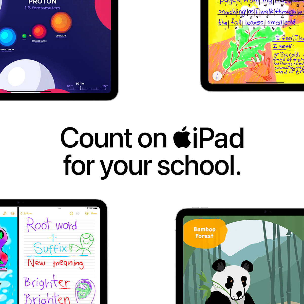 Lightweight, portable devices make the world your student’s new classroom. Count on iPad for your school. apple.com/education/k12/