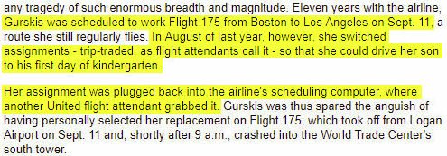 Several flight attendants on Flight 175 on 9/11 weren't originally set to be on the flight: Lauren Gurskis "was scheduled to work Flight 175" but "switched assignments" with a colleague "so that she could drive her son to his first day of kindergarten" - cache.boston.com/news/packages/…